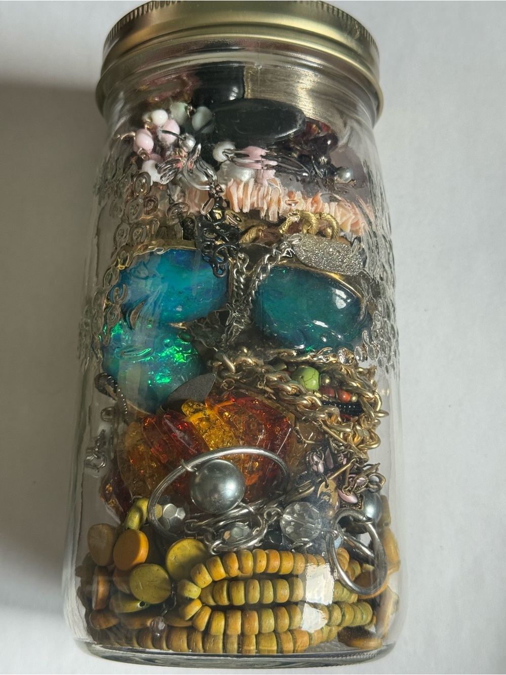 Mixed Costume Jewelry Jar - Yellow, Blue, Amber Accents. Untested